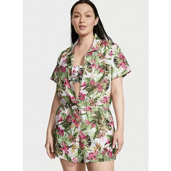 NWT Victoria's Secret Women's size Medium Pink Floral Tropical Romper Cover Up - Picture 1 of 11